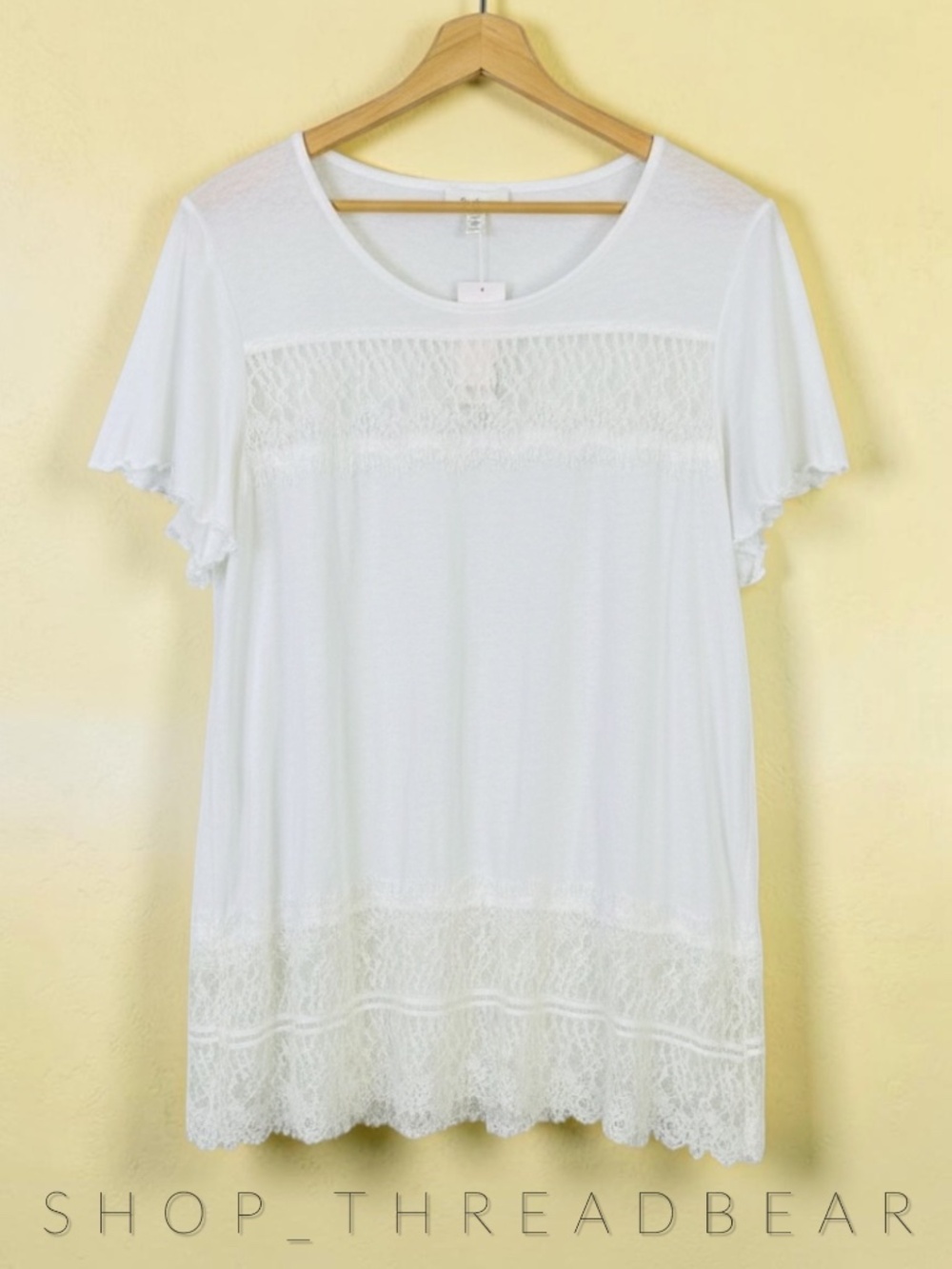 NWT {Deletta · Anthro} Linen! White + Ivory Lace Tunic Short Sleeve Tee | Small